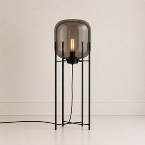 Luminária de Piso Coluna Moderna Minimalista Vidro Metal Globo Preto Jang
