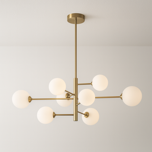 Luminária Pendente Moderna Minimalista Metal Vidro Lumi Ball - 8 Lâmpadas / Dourado / Vidro e Alumínio / Branco Quente (3000K) - ORNE™