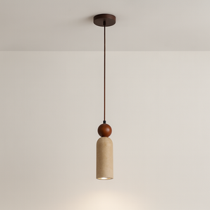 Luminária Pendente Moderna Minimalista Travertino Madeira Kaiu - Ø6x22cm / Branco Quente (3000K) - ORNE™