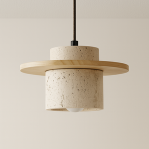 Luminária Pendente Moderna Minimalista Mármore Travertino Moruá - Carvalho / Branco Quente (3000K) - ORNE™
