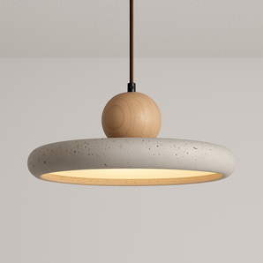Luminária Pendente Moderna Minimalista Redondo Madeira Mármore Travertino Veko - Ø30cm / Branco Quente (3000K) - ORNE™